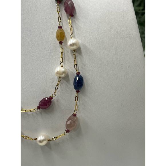 V Quartz Topaz Sapphire Citrine Freshwater Pearl Gold Vermeil Layer Necklace - Picture 4 of 15